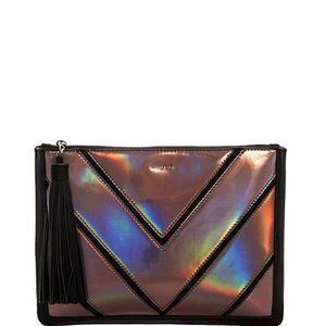 Faux Leather Iridescent Chevron Clutch Black